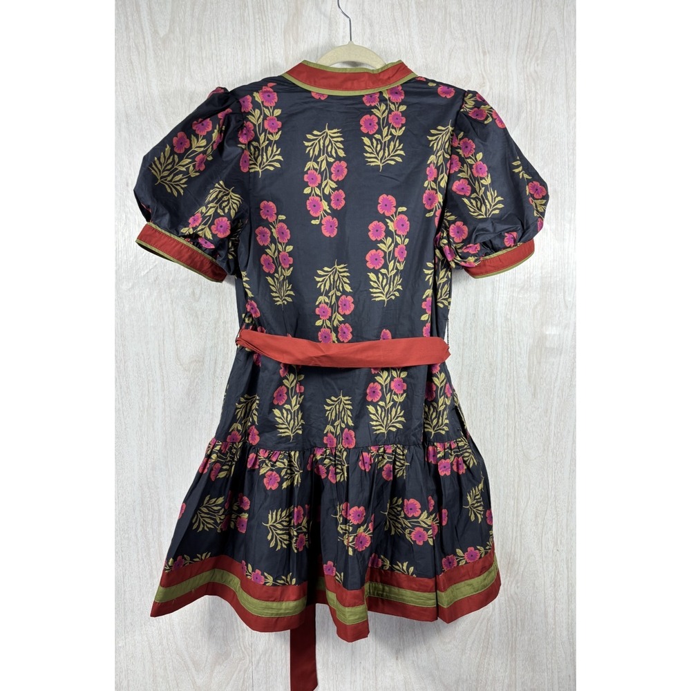 Entro Lara Floral Mini Dress L Black Puff Sleeve Belted Cottagecore Romantic - Picture 3 of 5